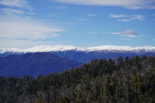 View across snow capped mountains