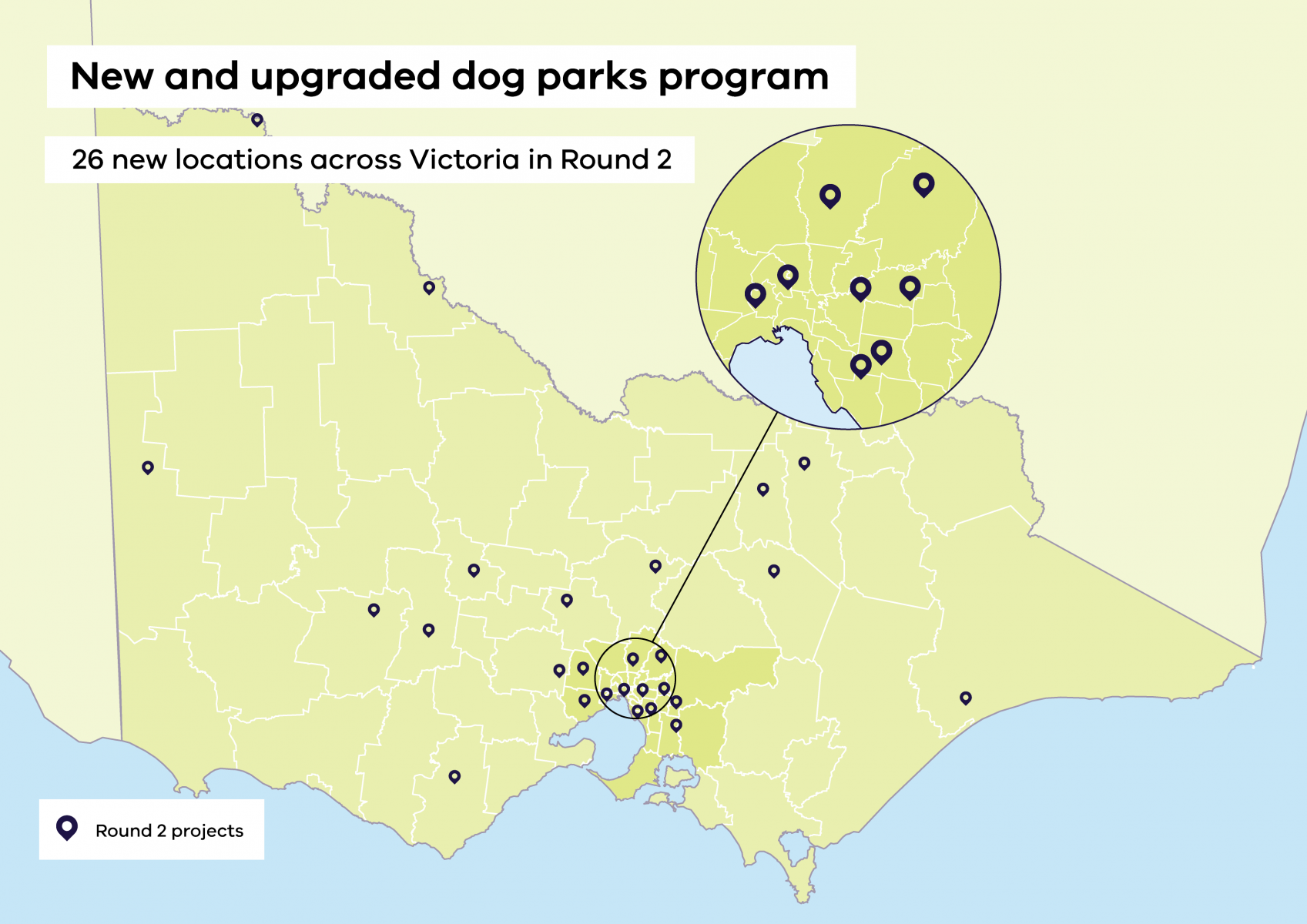 Map showing the locations of projects funded under Round 2 of the New and Upgraded Dog Parks Program. There are 26 locations displayed from across the state of Victoria, with half of the projects being located within the metropolitan Melbourne region, and the other half spread across regional Victoria.