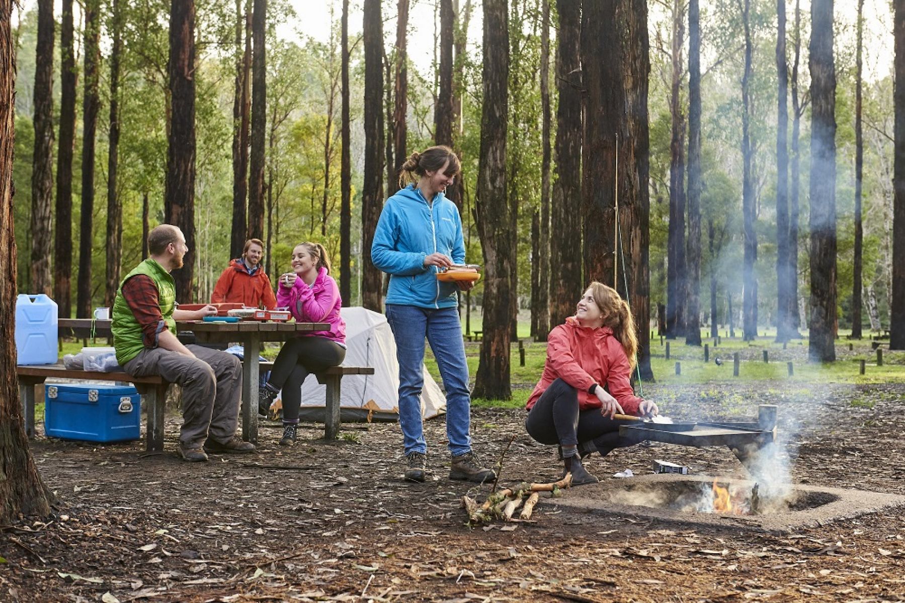 People at picnic table and campfire with forest in background