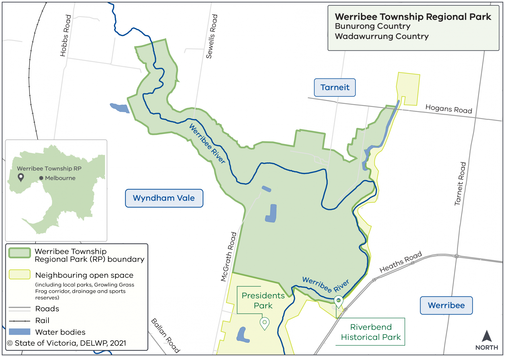 Map of Werribee Township Regional Park. Located between Wyndham VAle, Werribee and Tarneit