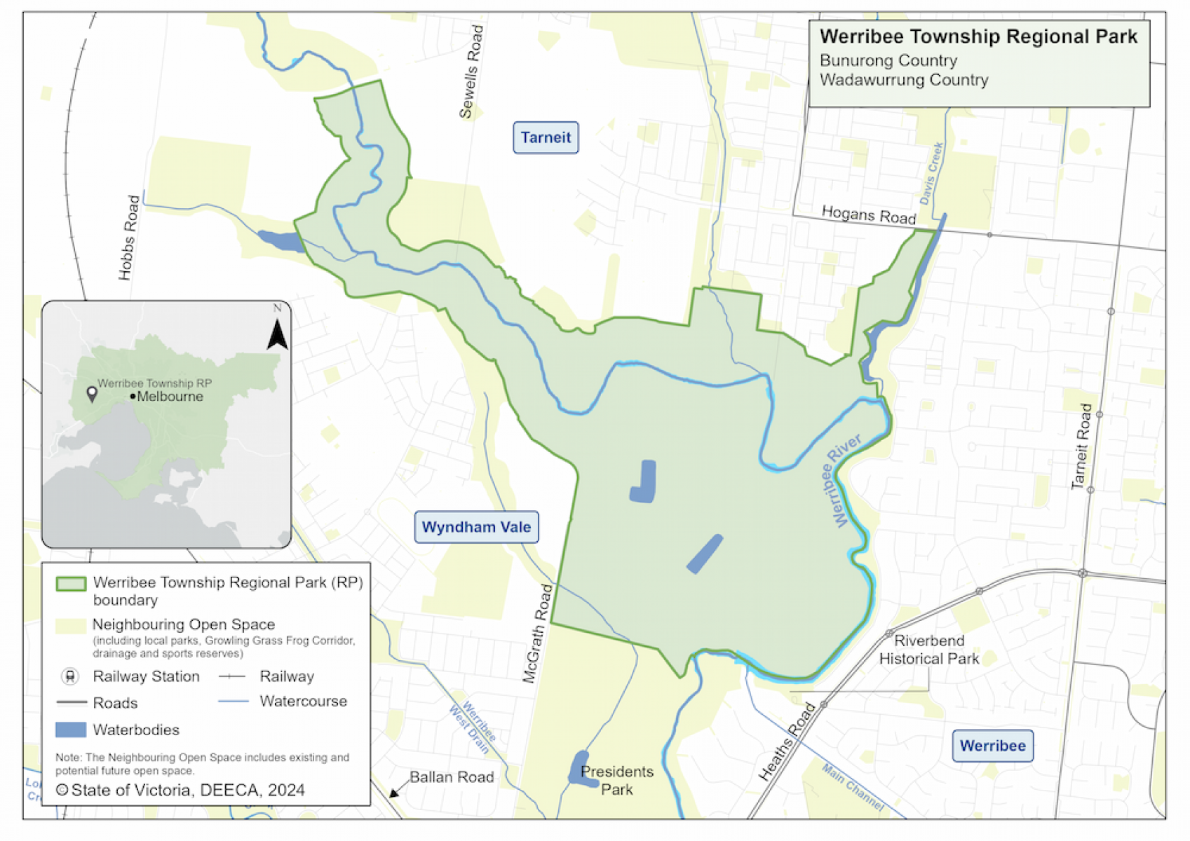 Map of Werribee Township Regional Park. Located between Wyndham VAle, Werribee and Tarneit