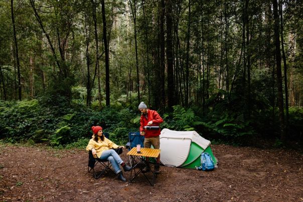 A tent and two people in a clearing surrounded by forest