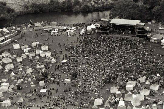 black and white aerial view of sunbury music festival in 1972 