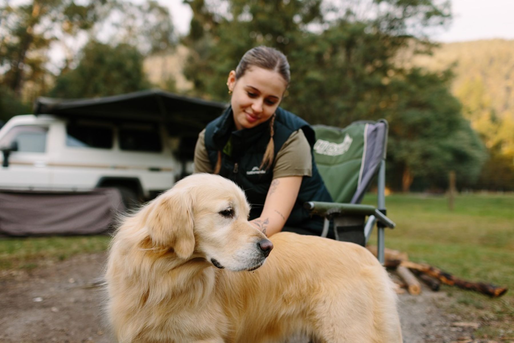 A person and a dog in an open grass campground