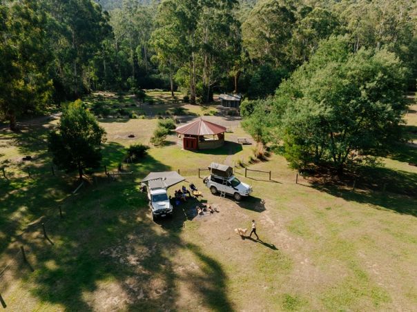 Aerial view of a campground and gazebo shelter