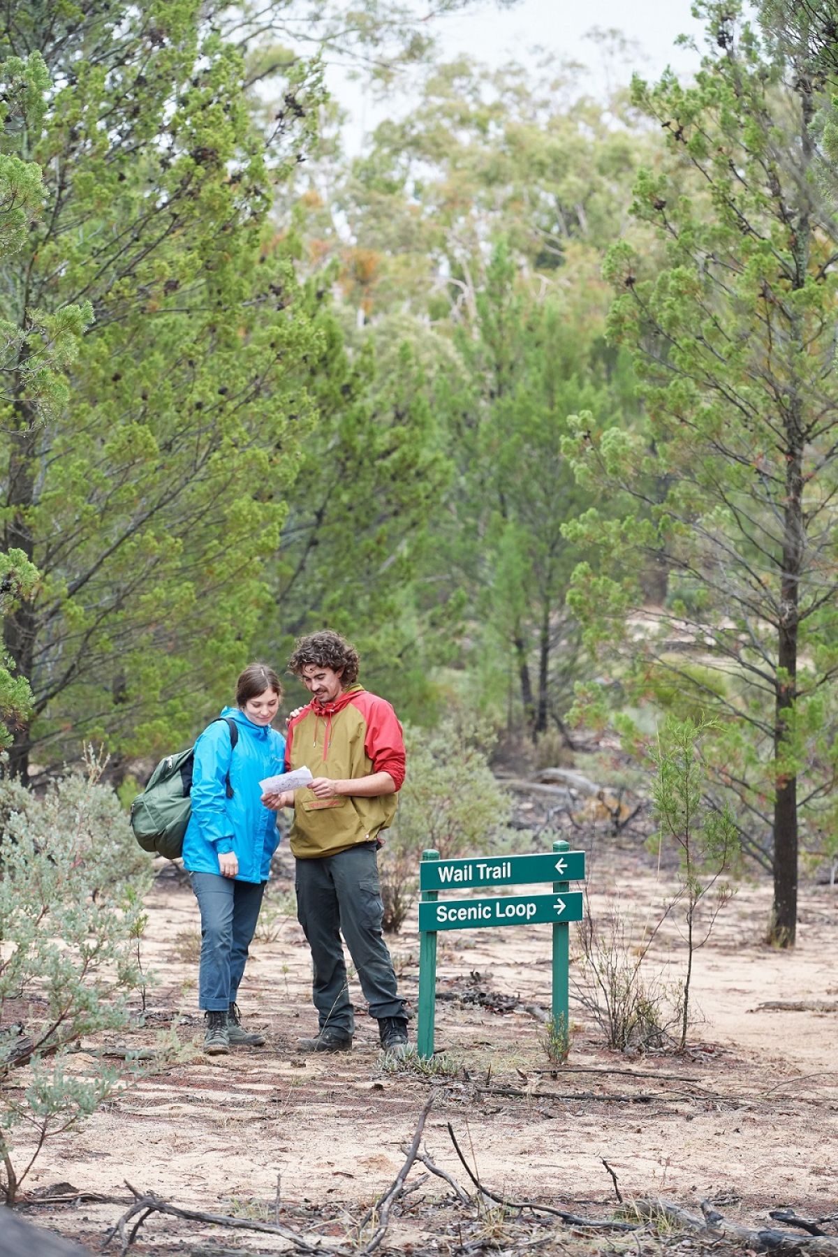 Two people in the forest beside a directional sign. 